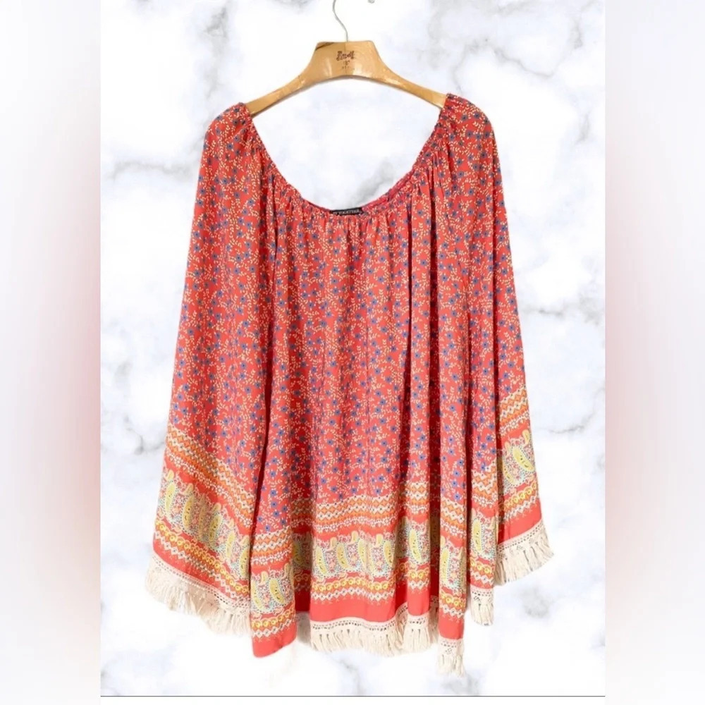 Plus Size Bohemian Off Shoulder Floral Shabby Chic Fringe Tunic Top Size XXXL